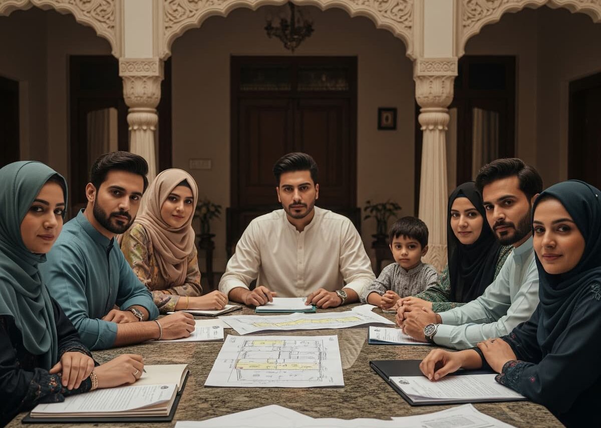 Muslim family discussing inheritance documents and property division under Islamic law, reflecting unity and justice.