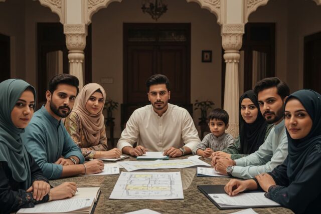 Muslim family discussing inheritance documents and property division under Islamic law, reflecting unity and justice.